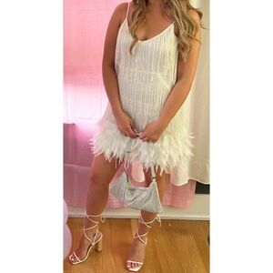 White Tassel Feather Sequin Dress